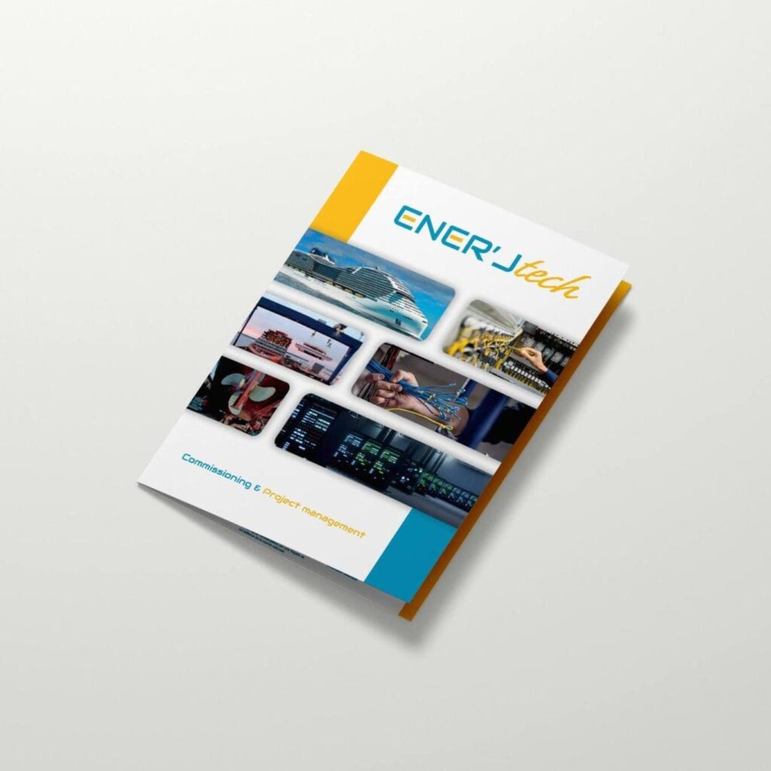 Plaquette commerciale d’Ener’J Tech présentant des images techniques et industrielles, avec une mise en page colorée et le logo en couverture.