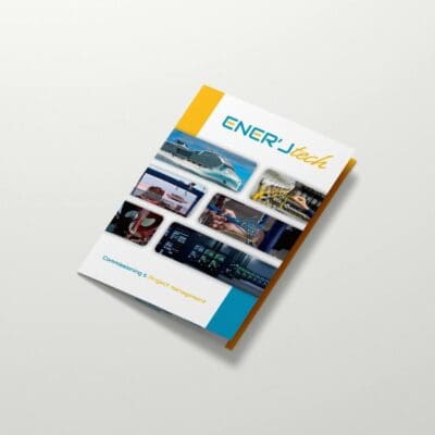 Plaquette commerciale d’Ener’J Tech présentant des images techniques et industrielles, avec une mise en page colorée et le logo en couverture.