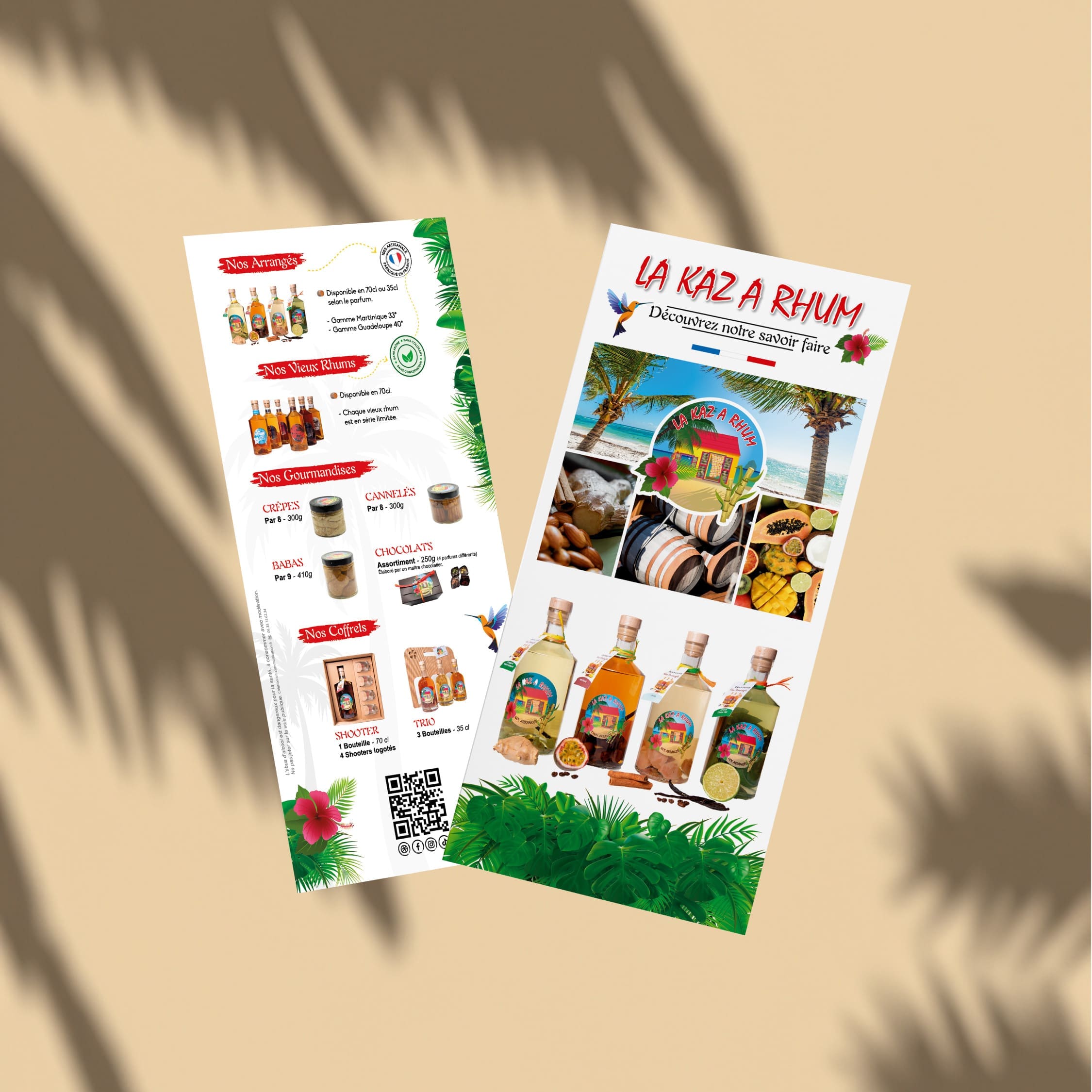 Flyer promotionnel de La Kaz à Rhum présentant des rhums arrangés artisanaux et des gourmandises exotiques.
