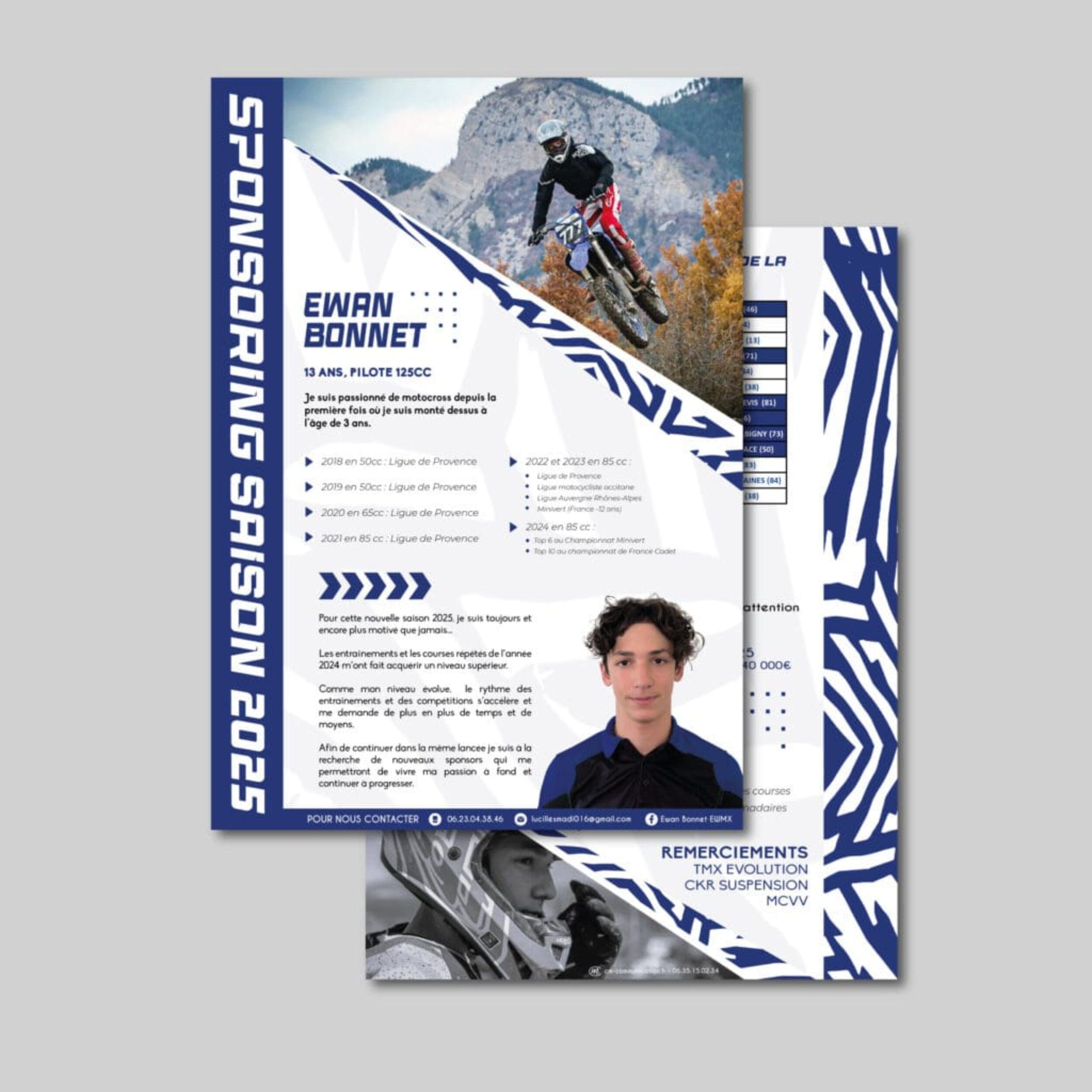 Plaquette de sponsoring 2025 du pilote moto Ewan Bonnet, avec photos d'action et portrait.