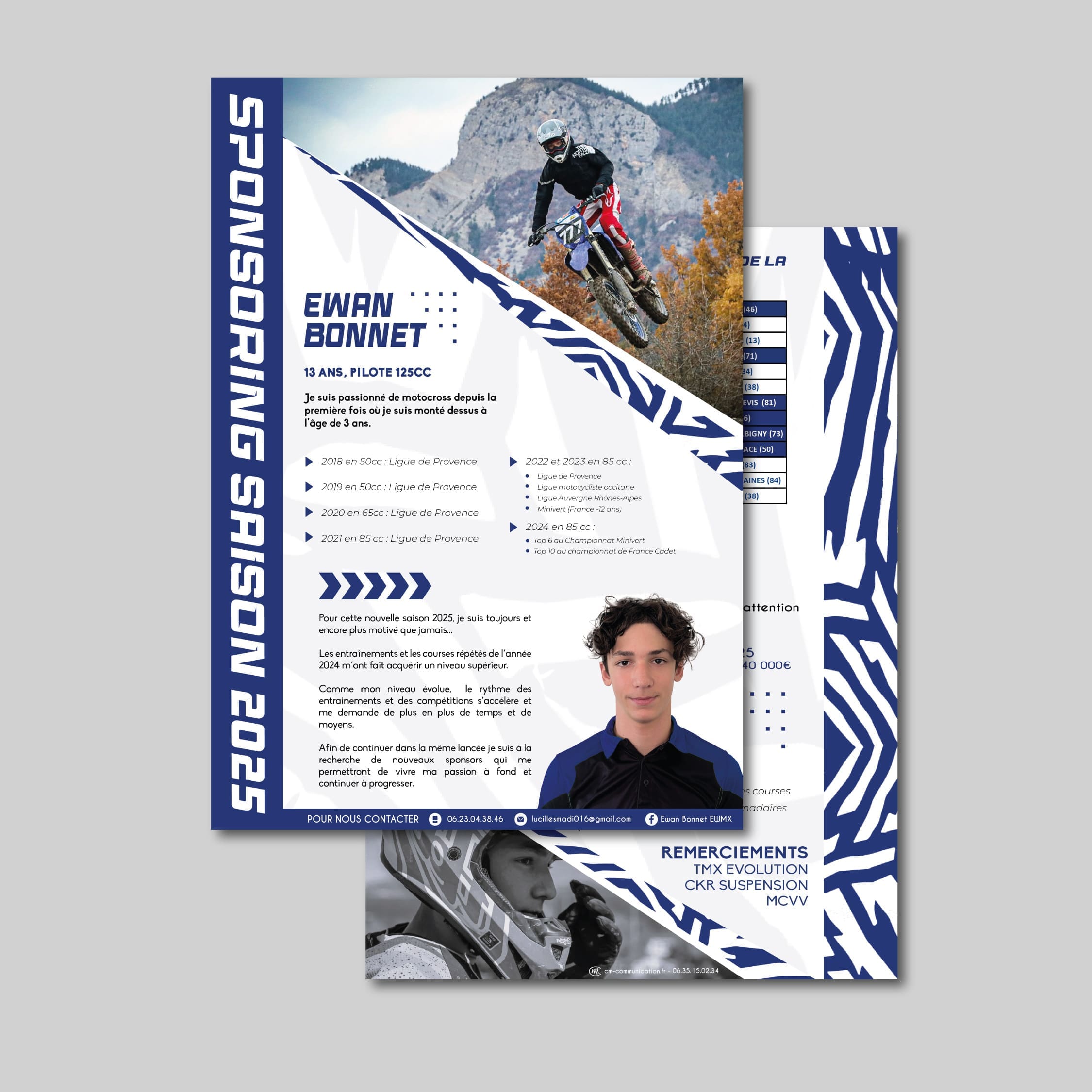 Plaquette de sponsoring 2025 du pilote moto Ewan Bonnet, avec photos d'action et portrait.