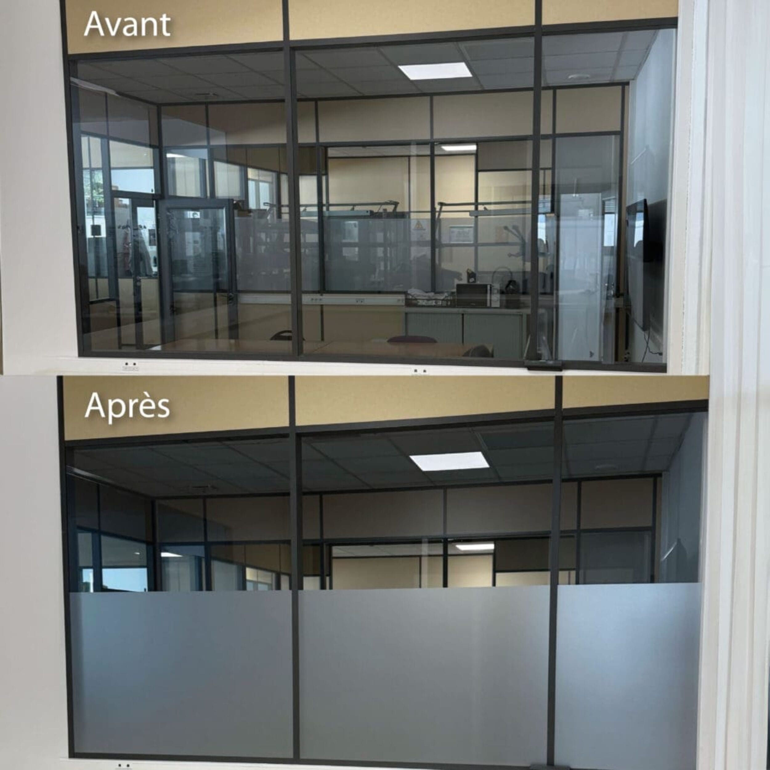 Comparatif avant/après de vitrages de bureau, avec et sans film dépoli.