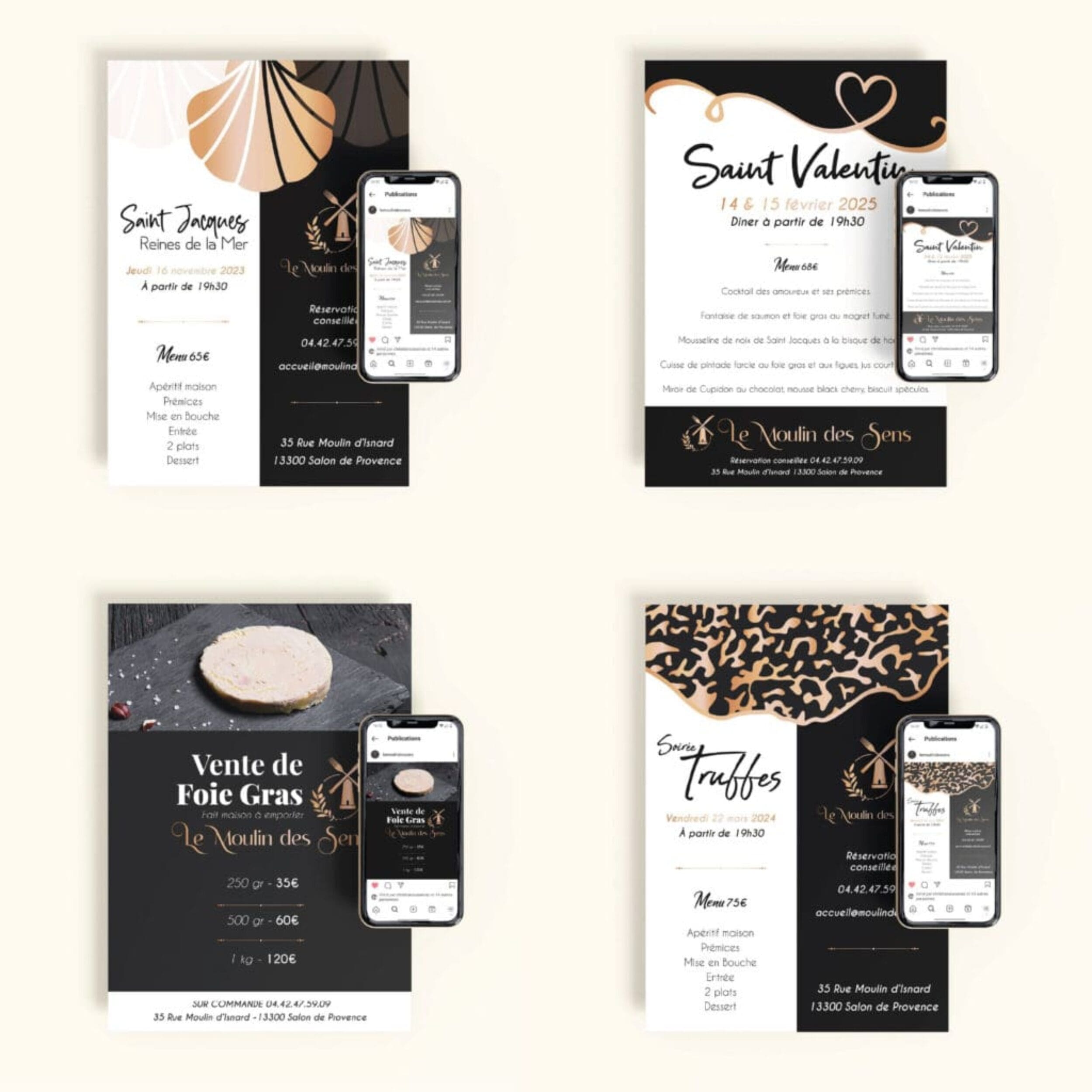 Des affiches et flyers élégants et cohérents pour Le Moulin des Sens