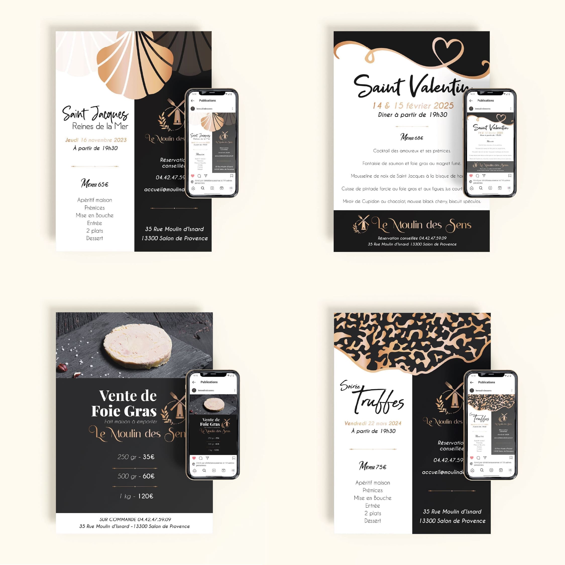 Des affiches et flyers élégants et cohérents pour Le Moulin des Sens