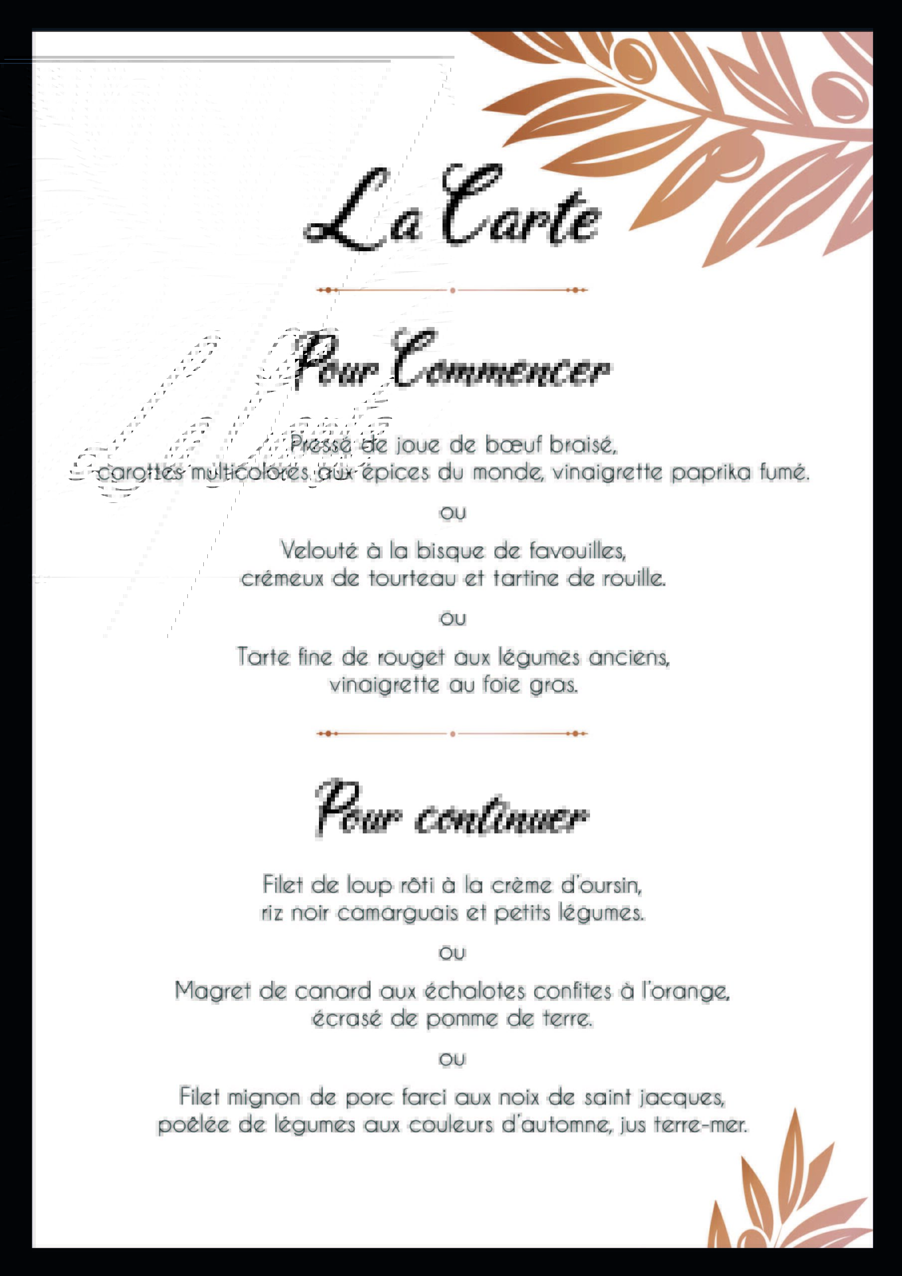 La carte du mois de novembre 2023 - Restaurant Le Moulin des Sens - Salon de Provence